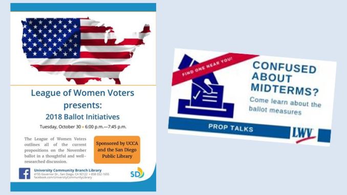 LWV Prop Talk Ballot Initiatives Tuesday October 30 at University Community Library
