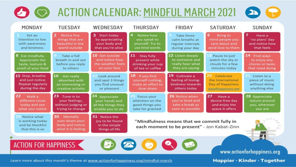 Mindful March Action for Happiness issues their daily action calendar